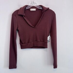 Altar'd State Ribbed Crop Top XS Collared Long Sleeve Brown NWT